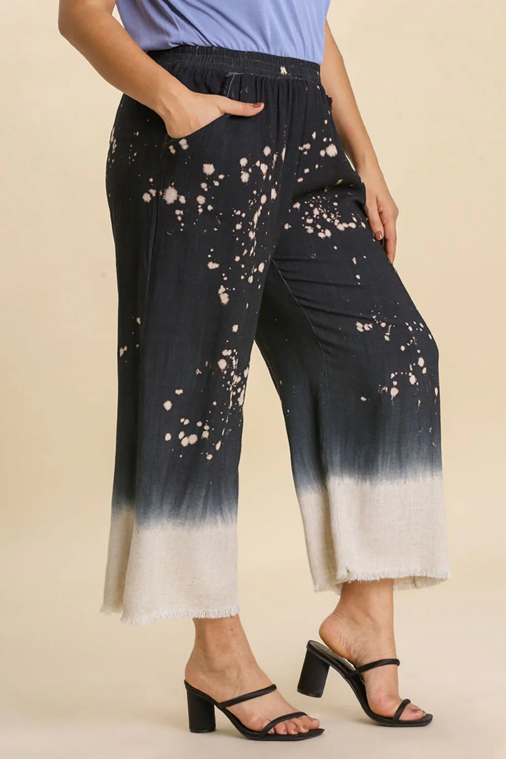 Umgee Full Size Raw Hem Linen Blend Bleach Dip Dye Wide Leg Pants plus Size