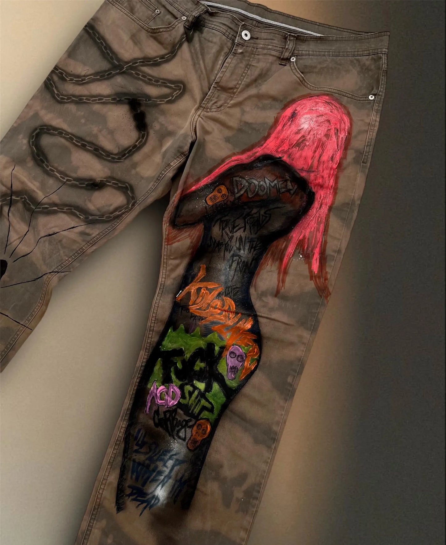 Skull Punk” Bleached Hand Painted Trousers