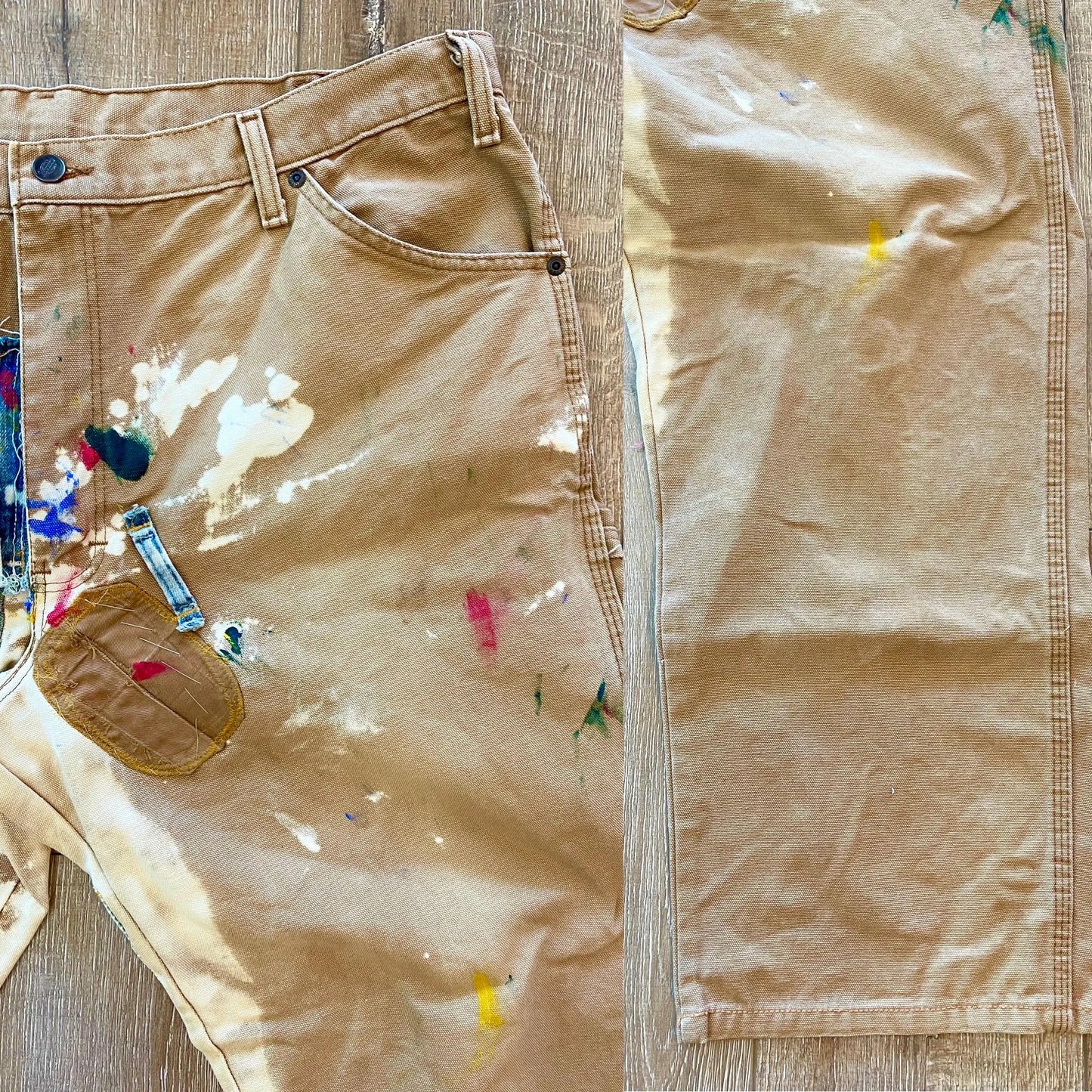W40 L28 — Dickies Pants— Custom Patchwork, Painted & Bleached Fades, Canvas Carpenter