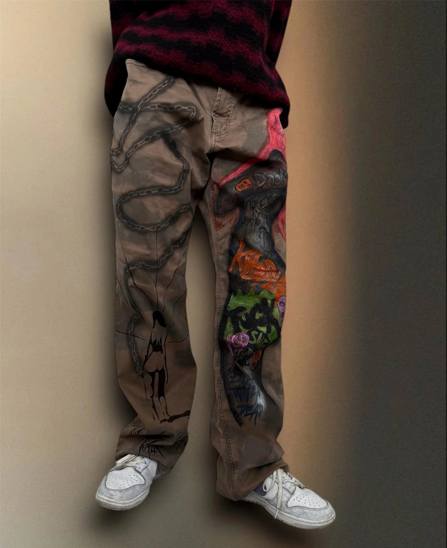 Skull Punk” Bleached Hand Painted Trousers