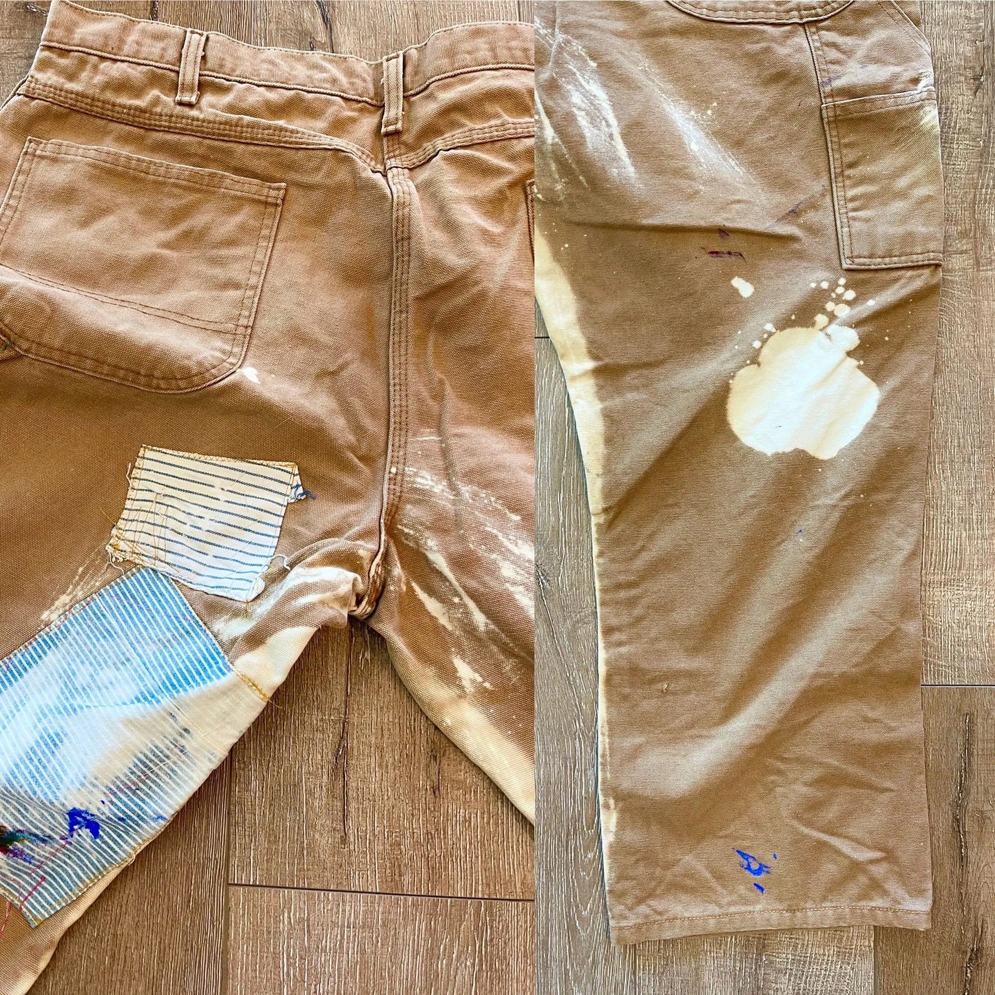 W40 L28 — Dickies Pants— Custom Patchwork, Painted & Bleached Fades, Canvas Carpenter