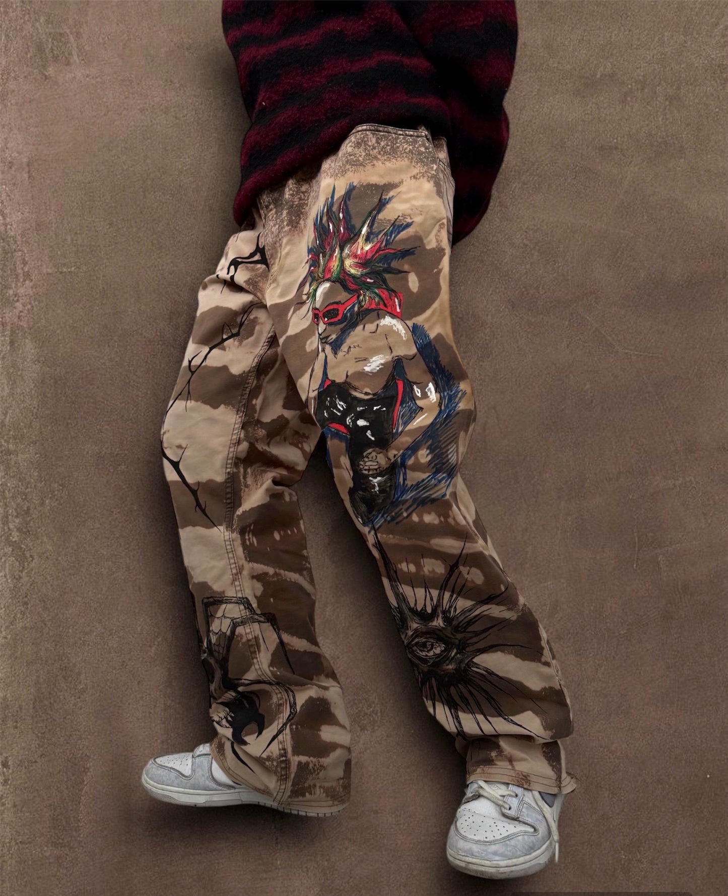 Skull Punk” Bleached Hand Painted Trousers
