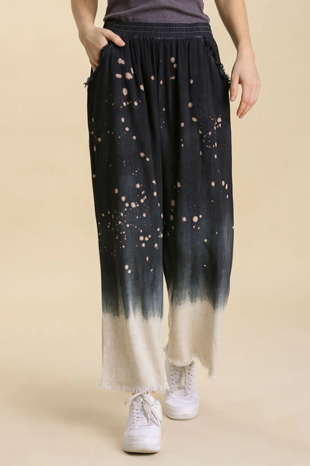 Umgee Full Size Raw Hem Linen Blend Bleach Dip Dye Wide Leg Pants plus Size