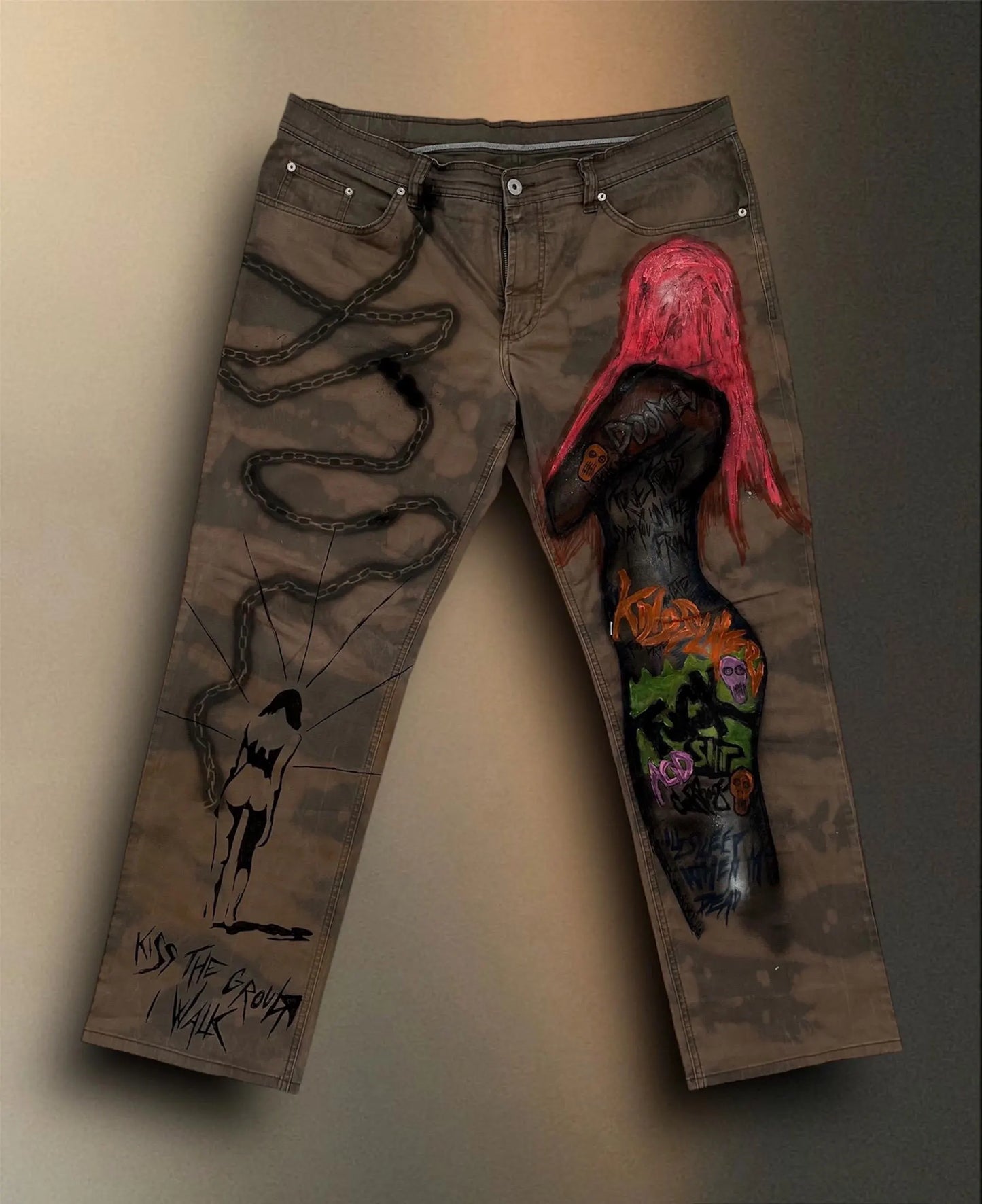 Skull Punk” Bleached Hand Painted Trousers