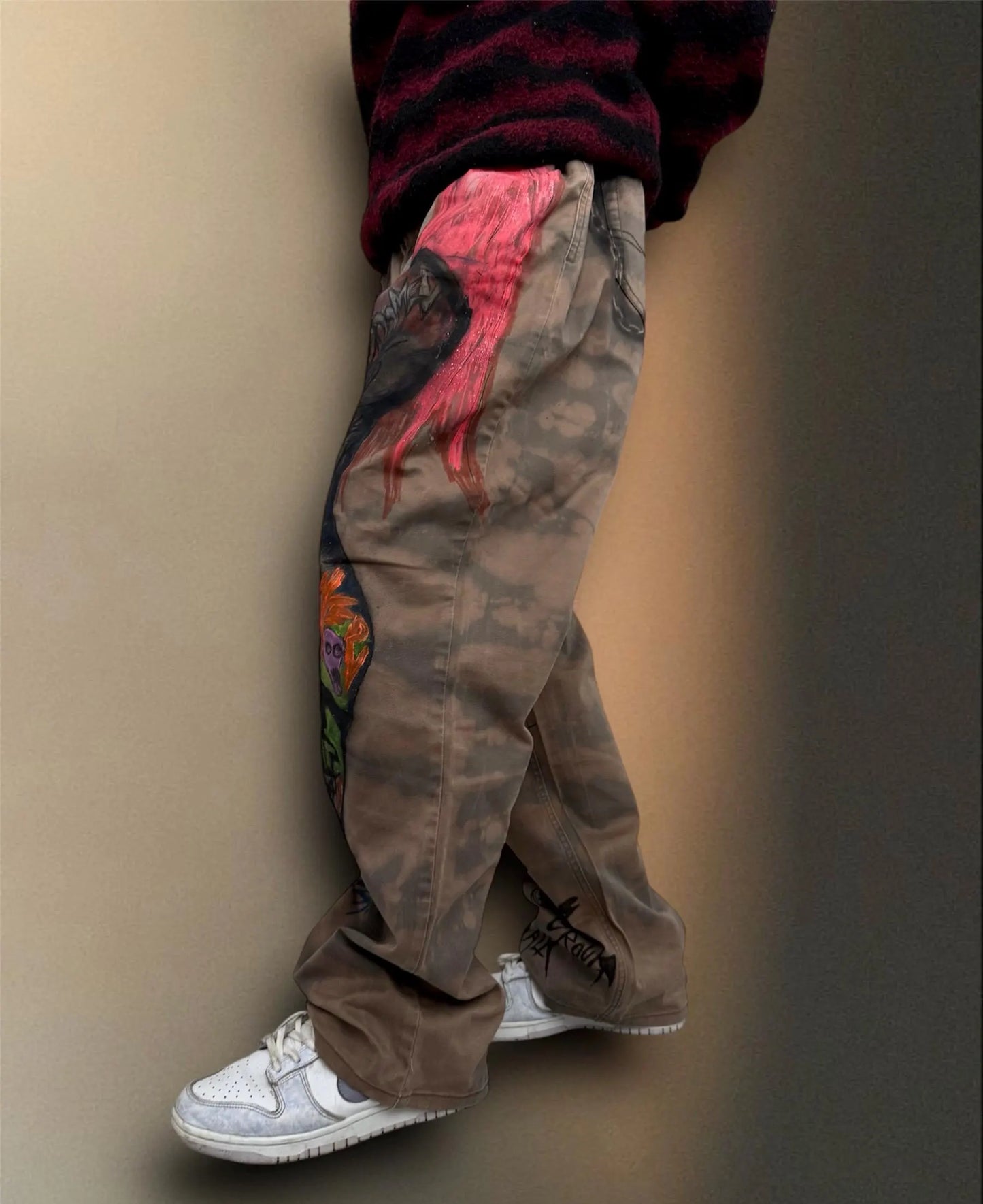 Skull Punk” Bleached Hand Painted Trousers