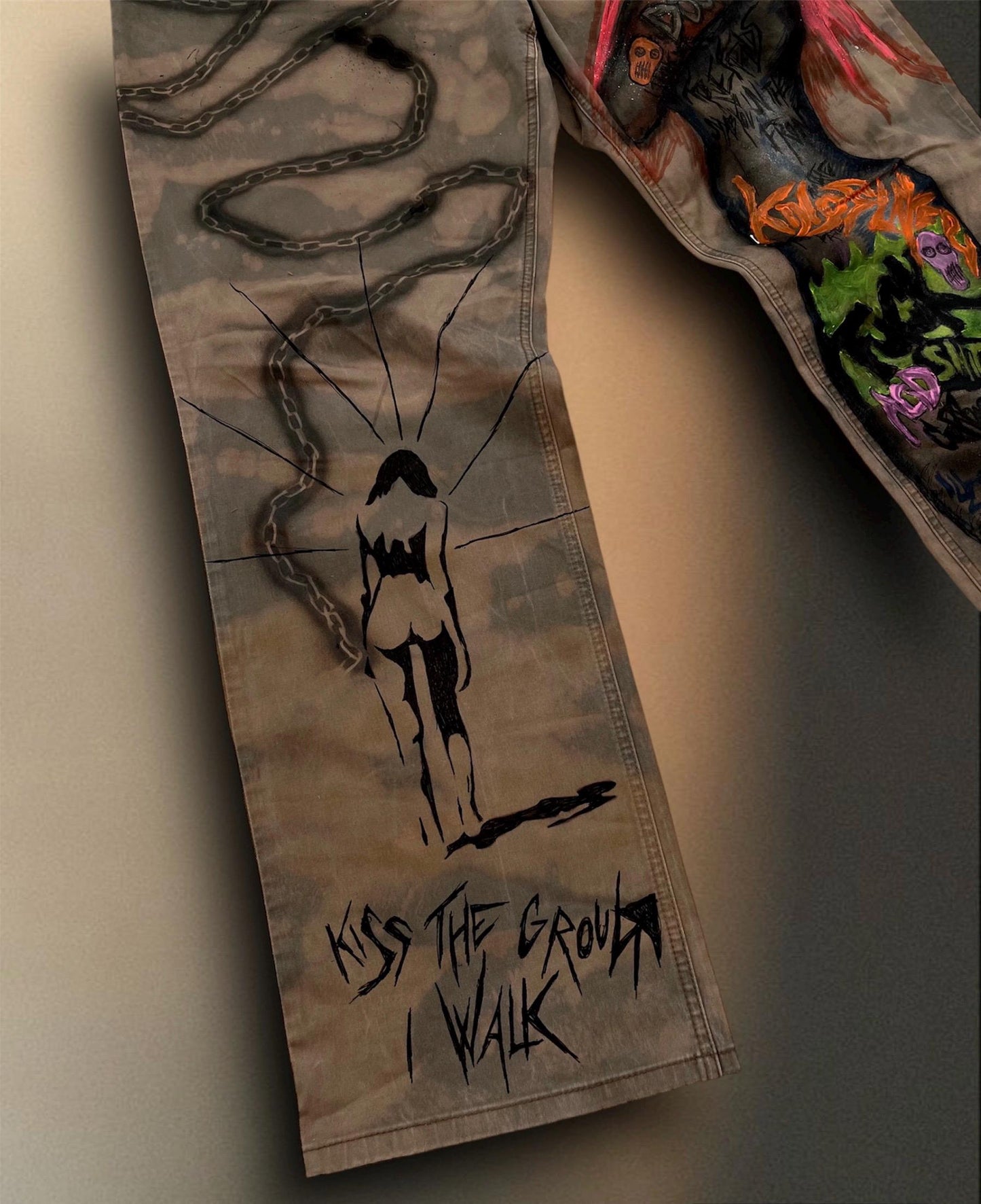 Skull Punk” Bleached Hand Painted Trousers