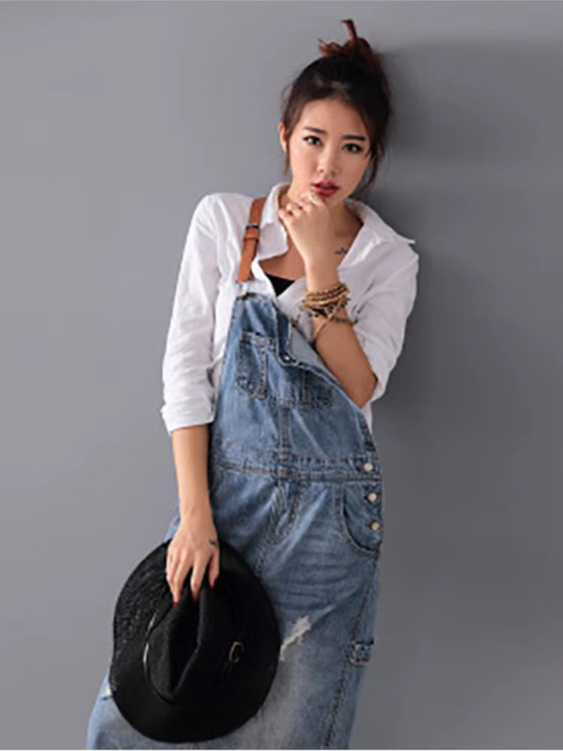 Women Loose Denim Dress Ladies Bleached Holes Denim Dress Female Spaghetti Strap Ripped Vintage Denim Dresses