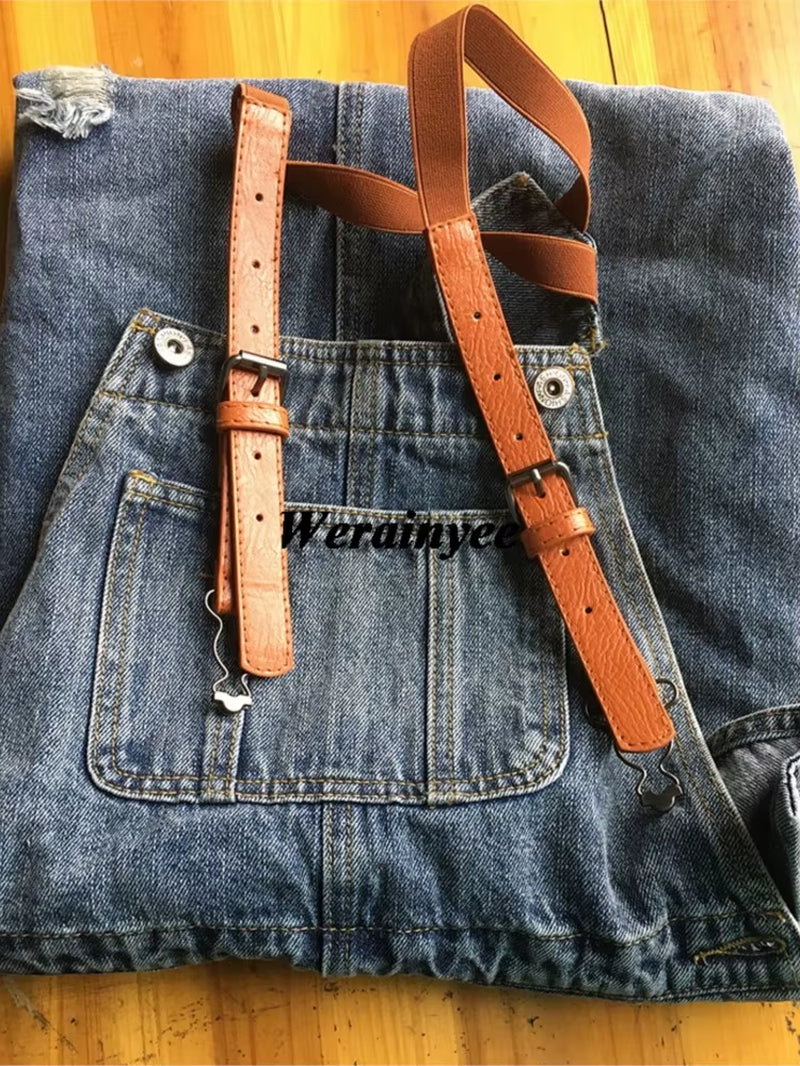 Women Loose Denim Dress Ladies Bleached Holes Denim Dress Female Spaghetti Strap Ripped Vintage Denim Dresses