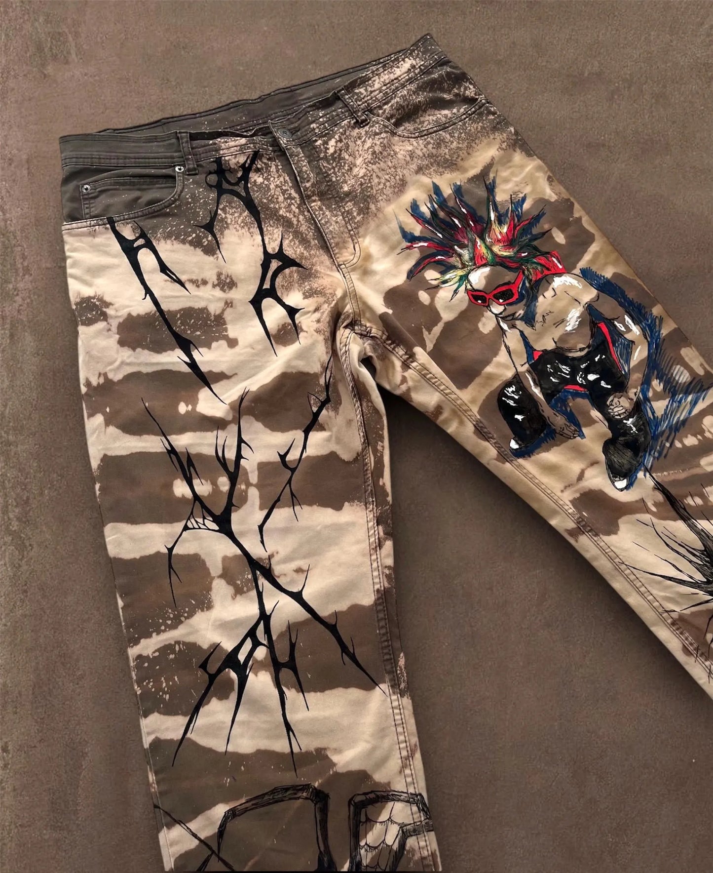 Skull Punk” Bleached Hand Painted Trousers