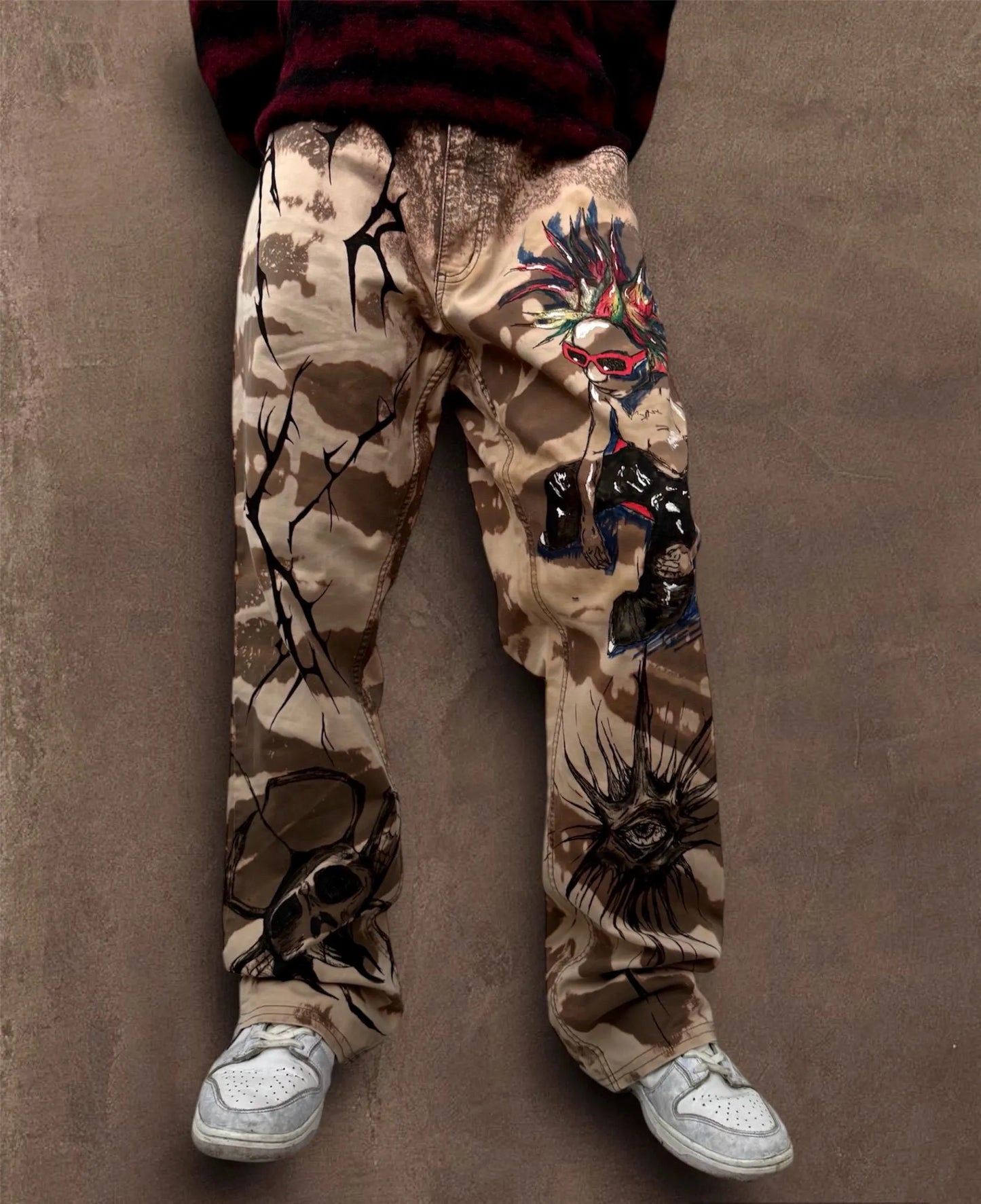 Skull Punk” Bleached Hand Painted Trousers