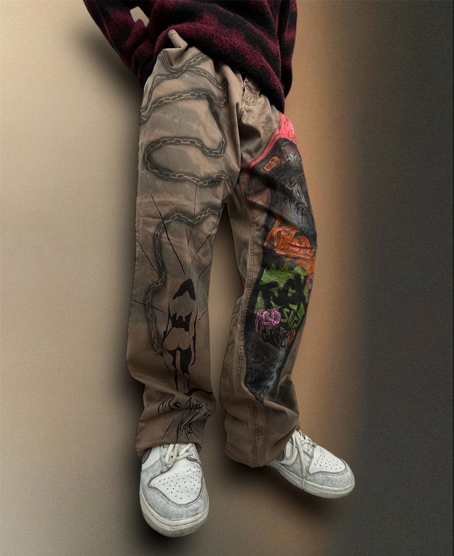 Skull Punk” Bleached Hand Painted Trousers