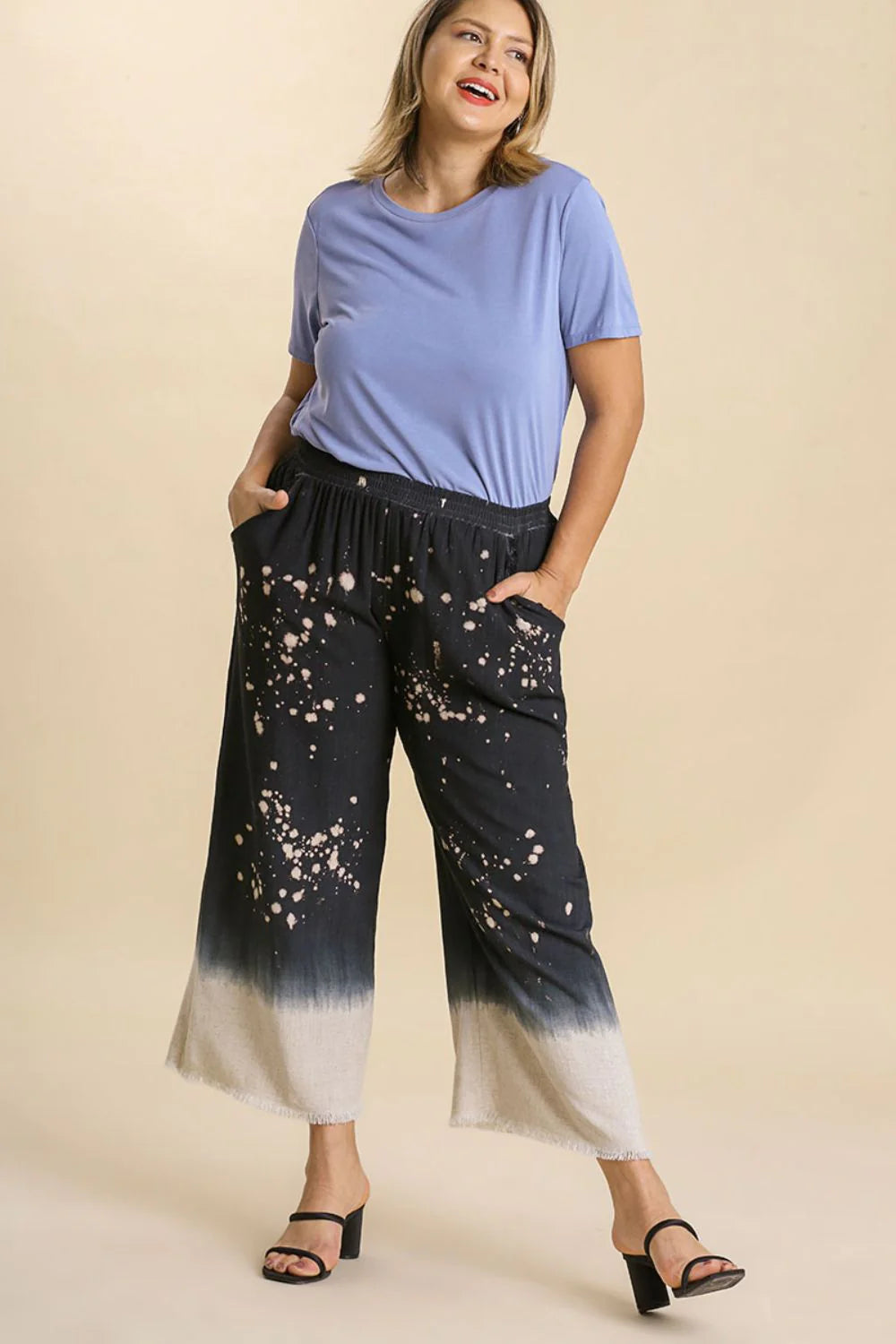 Umgee Full Size Raw Hem Linen Blend Bleach Dip Dye Wide Leg Pants plus Size