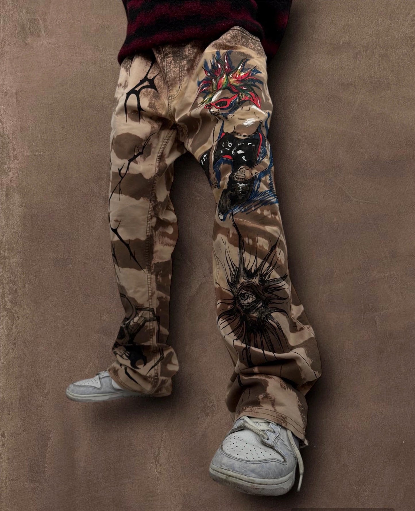 Skull Punk” Bleached Hand Painted Trousers