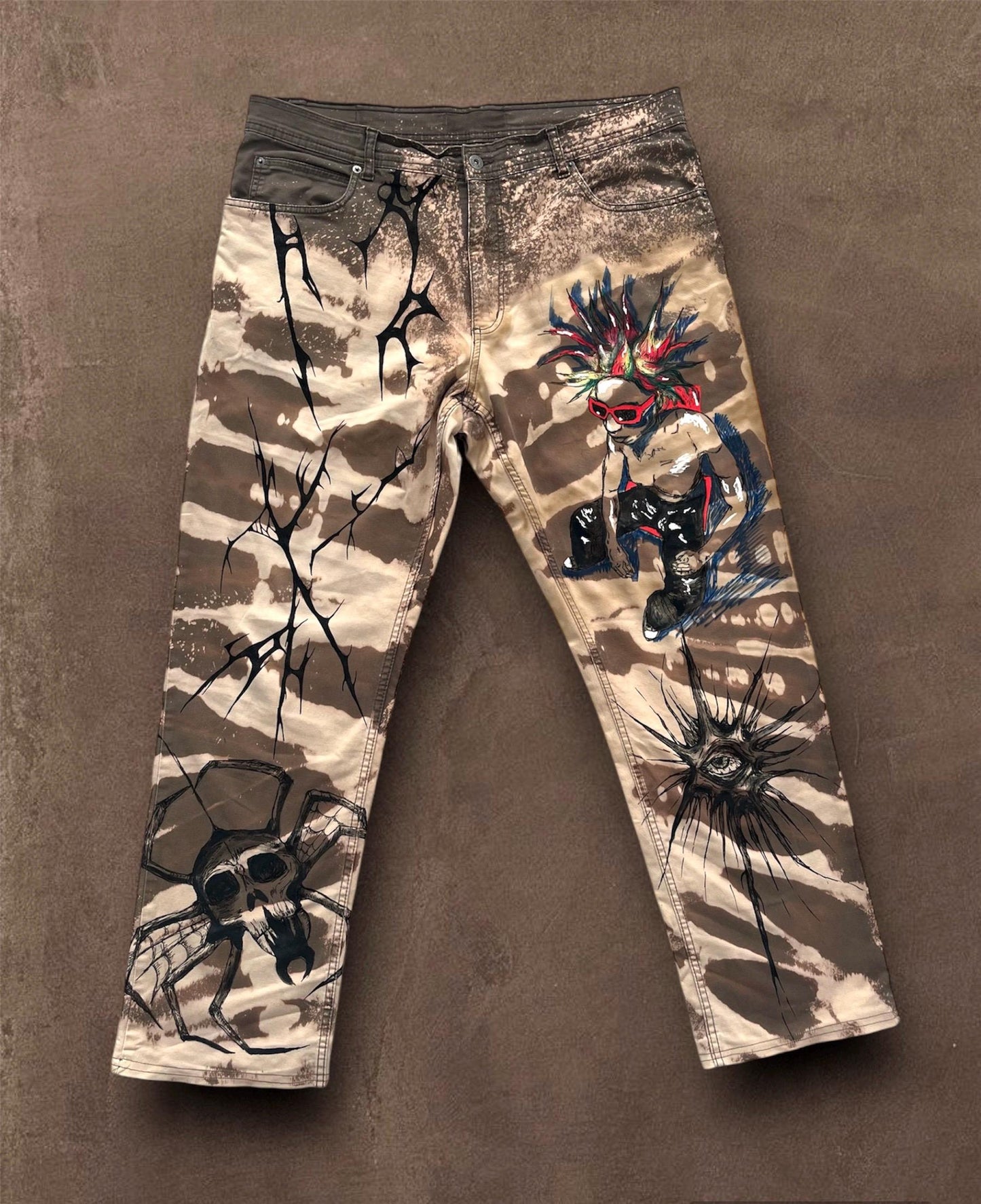 Skull Punk” Bleached Hand Painted Trousers