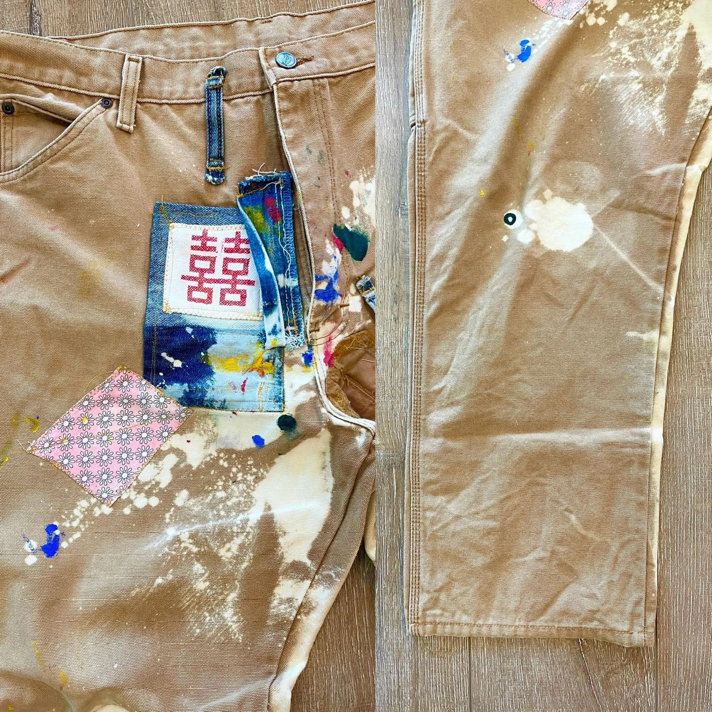 W40 L28 — Dickies Pants— Custom Patchwork, Painted & Bleached Fades, Canvas Carpenter