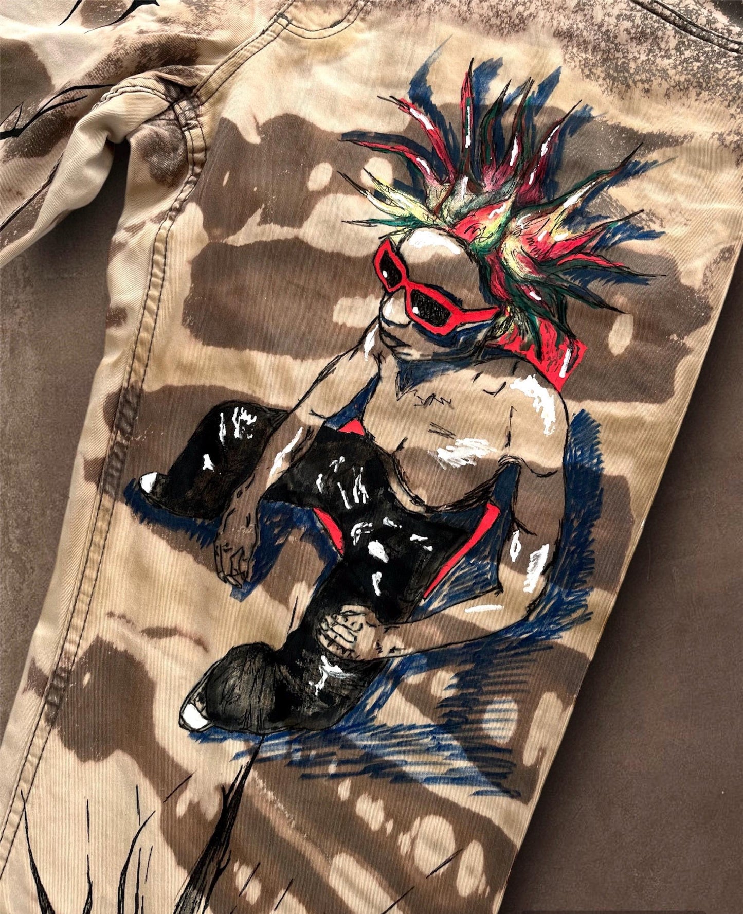 Skull Punk” Bleached Hand Painted Trousers