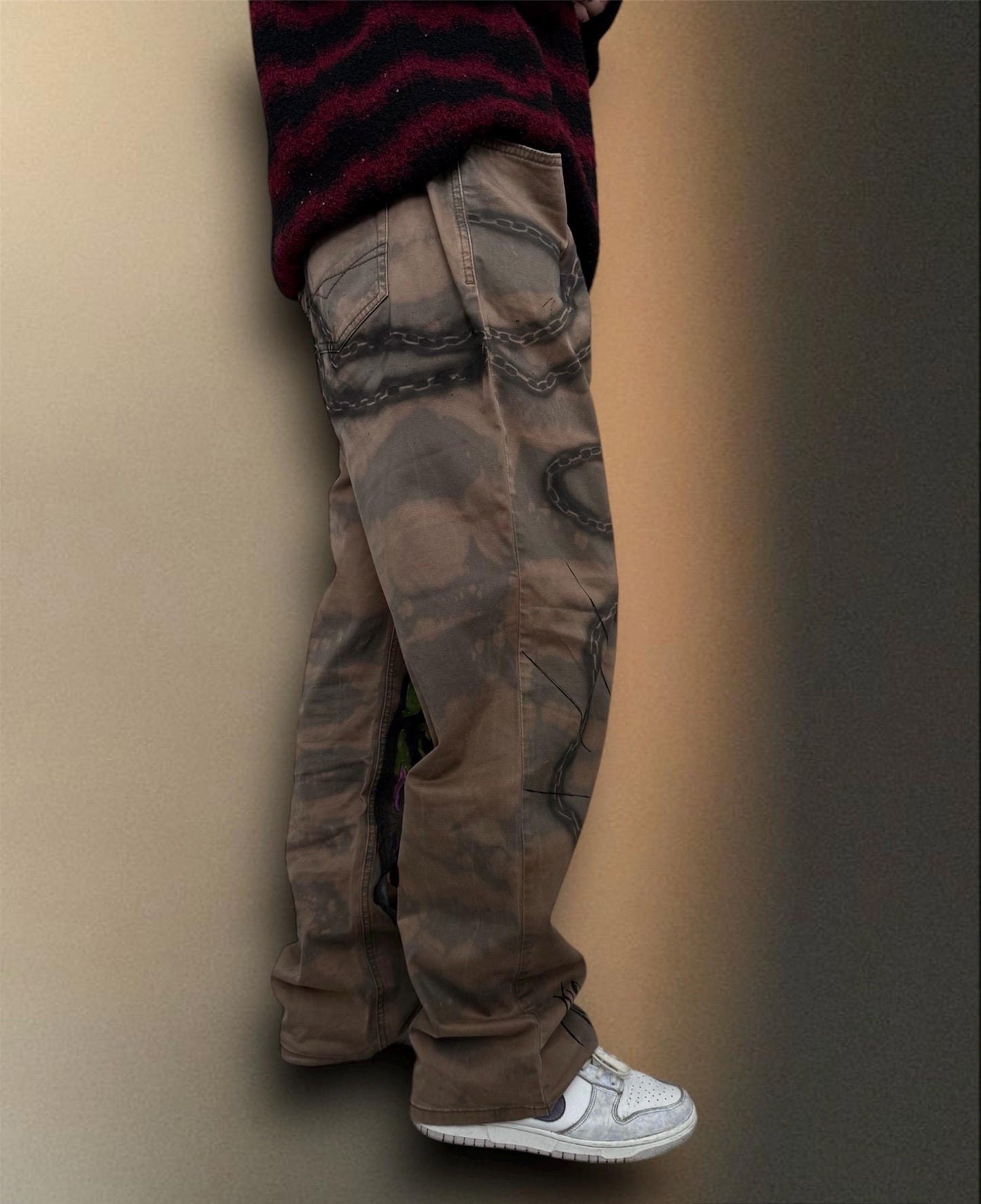Skull Punk” Bleached Hand Painted Trousers