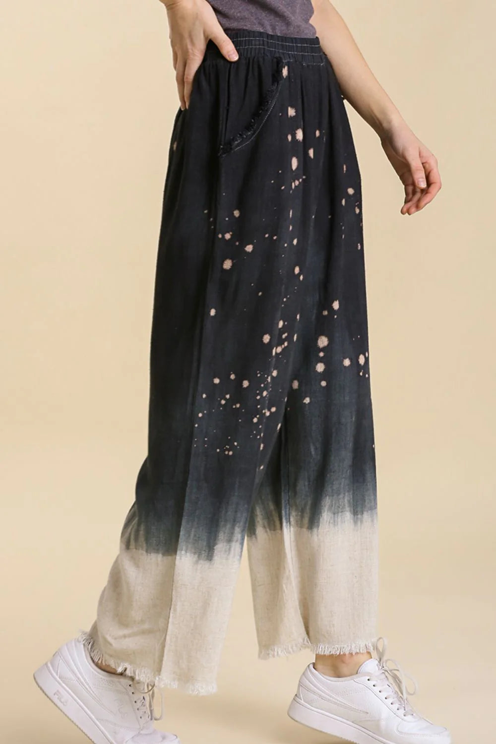 Umgee Full Size Raw Hem Linen Blend Bleach Dip Dye Wide Leg Pants plus Size