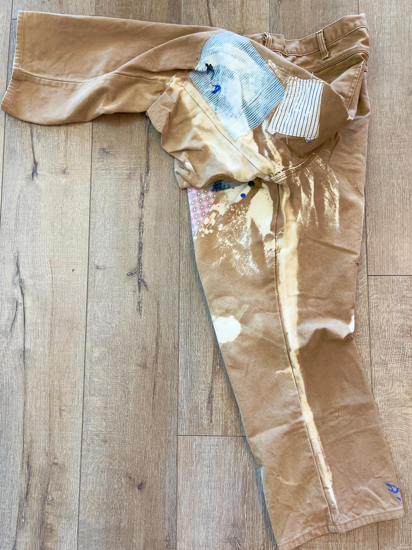 W40 L28 — Dickies Pants— Custom Patchwork, Painted & Bleached Fades, Canvas Carpenter