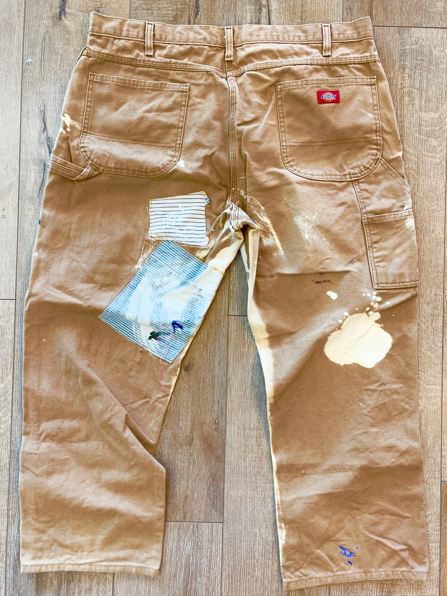 W40 L28 — Dickies Pants— Custom Patchwork, Painted & Bleached Fades, Canvas Carpenter