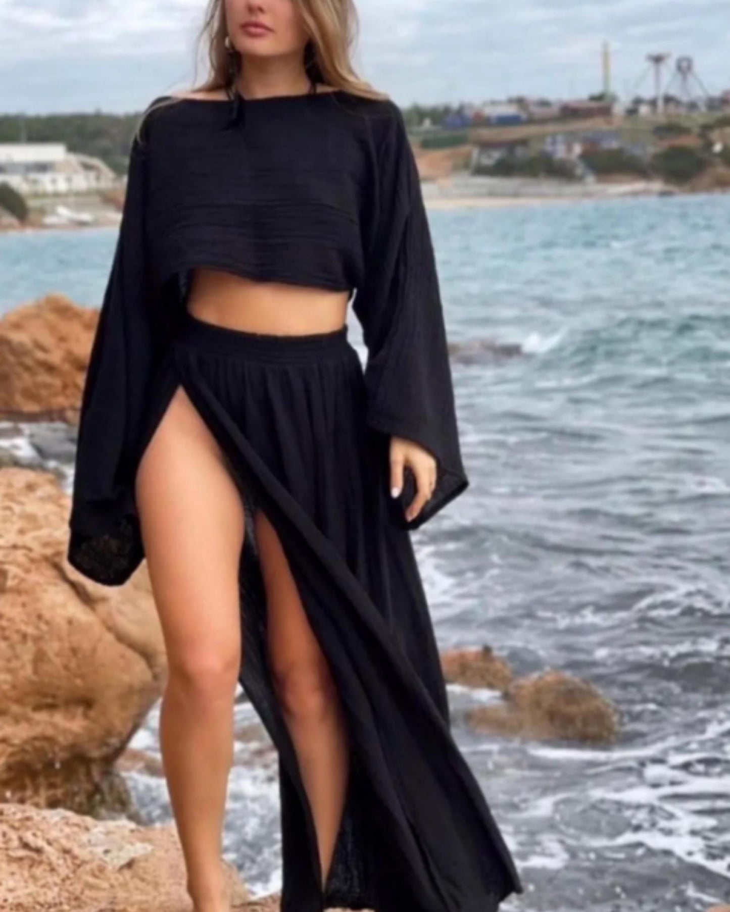 Boho Two-Piece Set - Double Slit Maxi Skirt & Cotton Top,Hippie Beach Cover-Up,Ibiza Dress,Rave - Goddess Vibes,Beach Boho,Festival Clothing