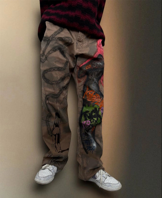 Skull Punk” Bleached Hand Painted Trousers