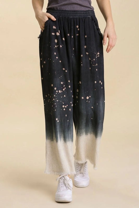 Umgee Full Size Raw Hem Linen Blend Bleach Dip Dye Wide Leg Pants plus Size