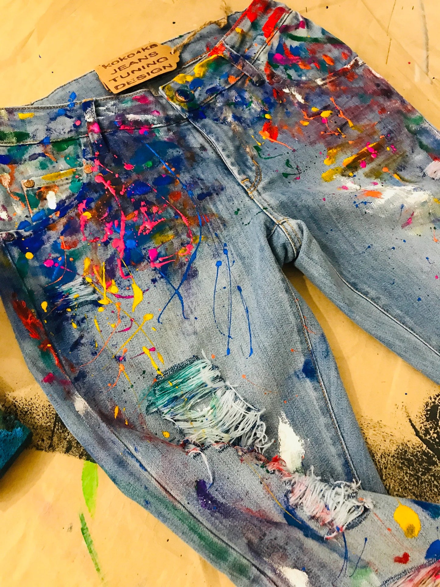 Pants Blotches Gift for Cristmas Spray Paint Paint Splatter Jeans Festival Clothing Hand Painted Paint Splash Jeans in Paint Torn Jeans Art