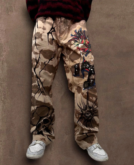 Skull Punk” Bleached Hand Painted Trousers