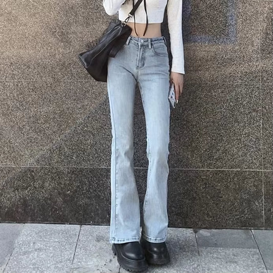 Flare Jeans Women Bleached Korean Style Chic Slim Trendy Stretchy Hipster Retro Elegant Ulzzang College Street Full Length Lady