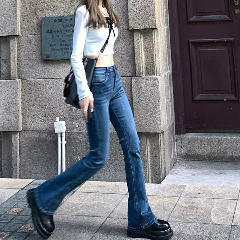 Flare Jeans Women Bleached Korean Style Chic Slim Trendy Stretchy Hipster Retro Elegant Ulzzang College Street Full Length Lady