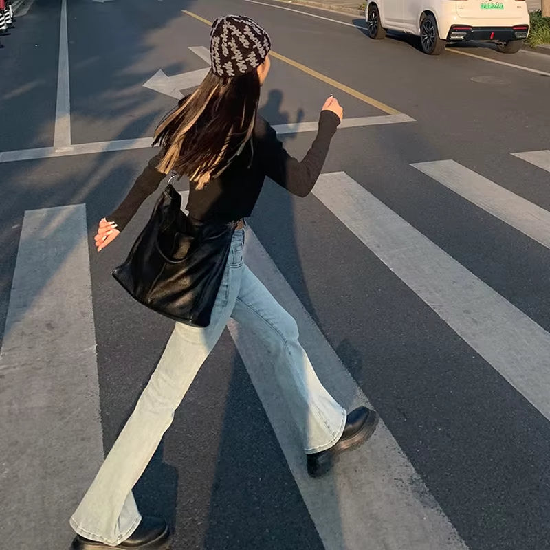 Flare Jeans Women Bleached Korean Style Chic Slim Trendy Stretchy Hipster Retro Elegant Ulzzang College Street Full Length Lady