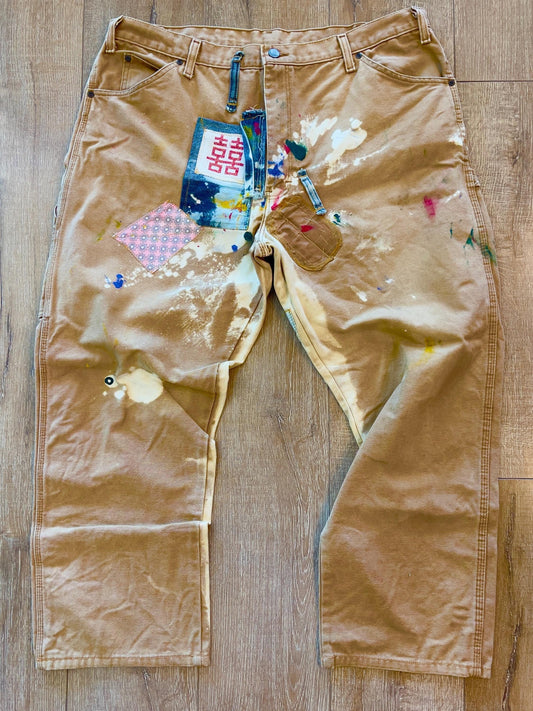 W40 L28 — Dickies Pants— Custom Patchwork, Painted & Bleached Fades, Canvas Carpenter