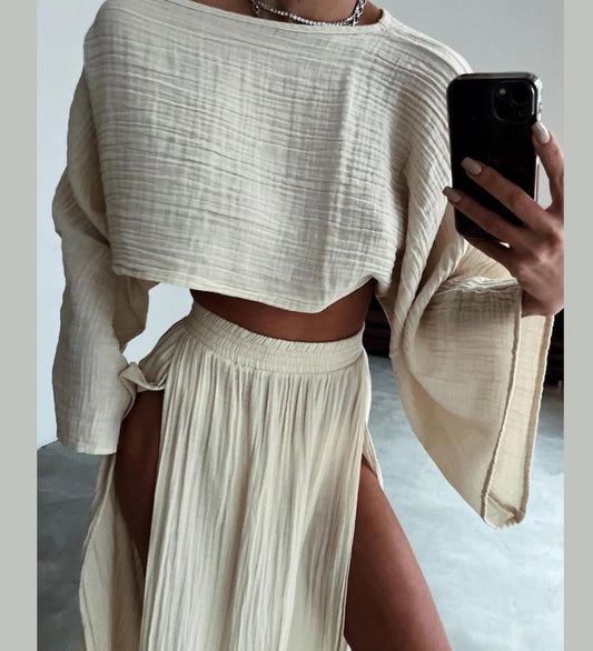 Boho Two-Piece Set - Double Slit Maxi Skirt & Cotton Top,Hippie Beach Cover-Up,Ibiza Dress,Rave - Goddess Vibes,Beach Boho,Festival Clothing